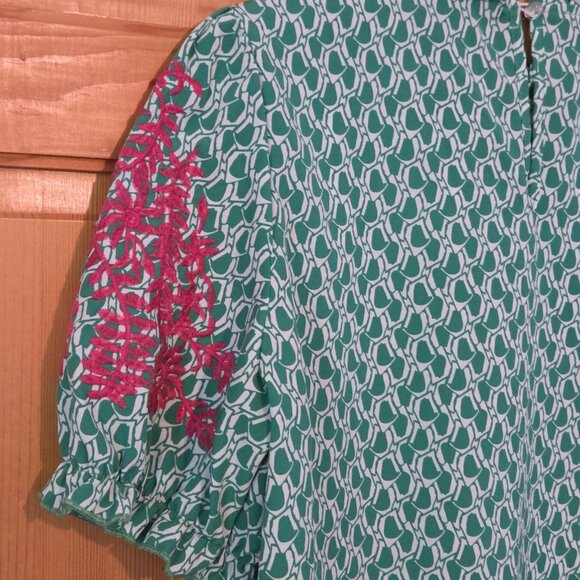 Boho Top Size Large Anegada Style Embroidered Puff Sleeve Ruffle Collar Blouse - Picture 10 of 13